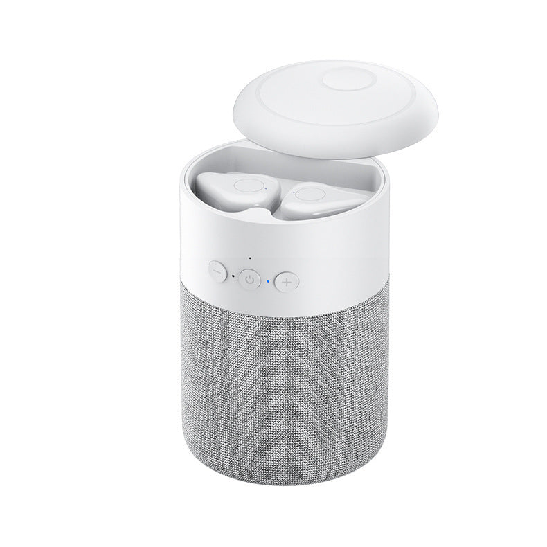 The Dropshipman B20 Bluetooth Speaker Earbud Combo is a compact white and gray device with a fabric-covered base and open lid, showcasing the wireless earbuds stored inside.