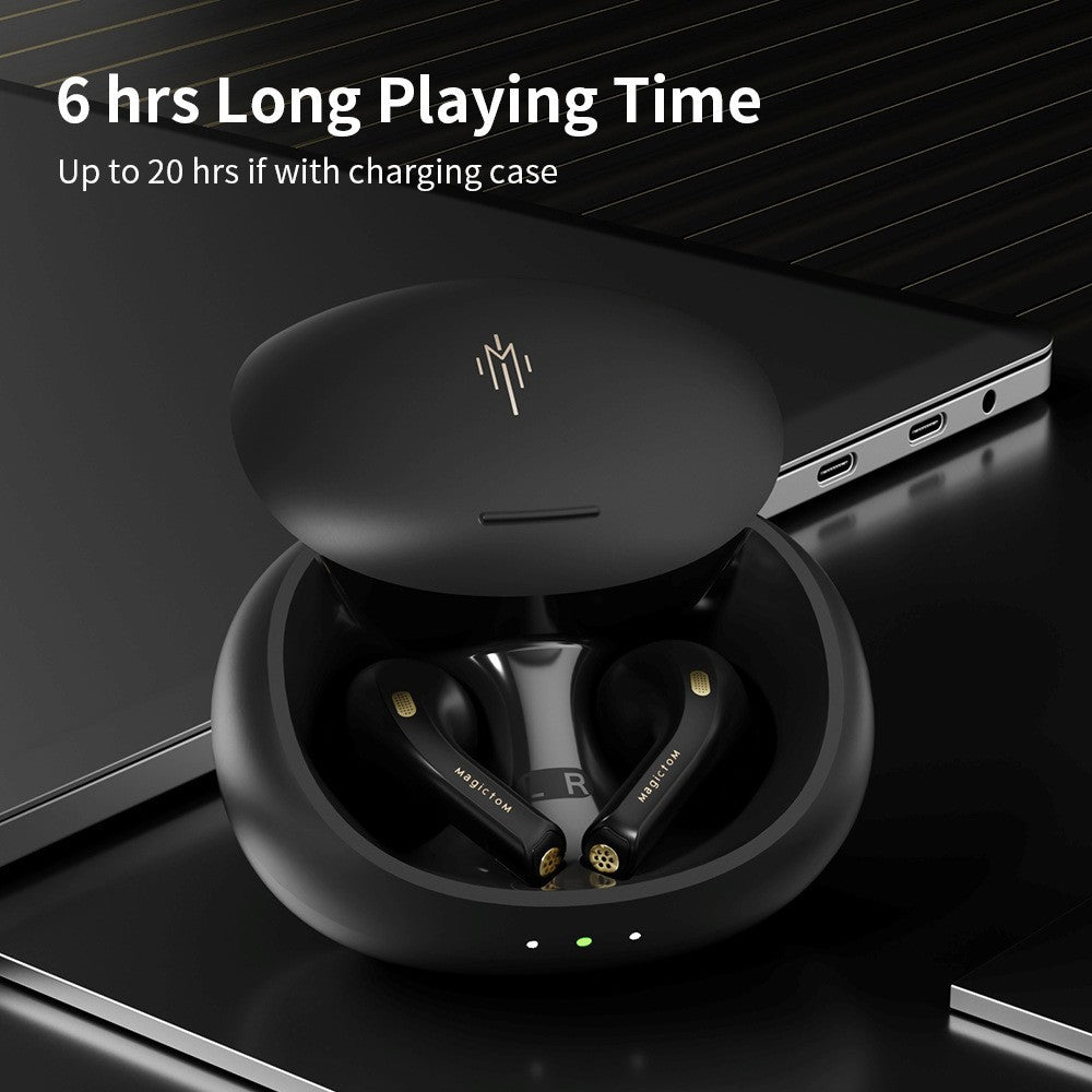 Dropshipman Matte Viper 5.2 Earbuds in black rest on a laptop in their round charging case. Enjoy up to 6 hrs playtime (20 hrs with case). Sleek, modern half in-ear design offers comfort and true wireless Bluetooth convenience.