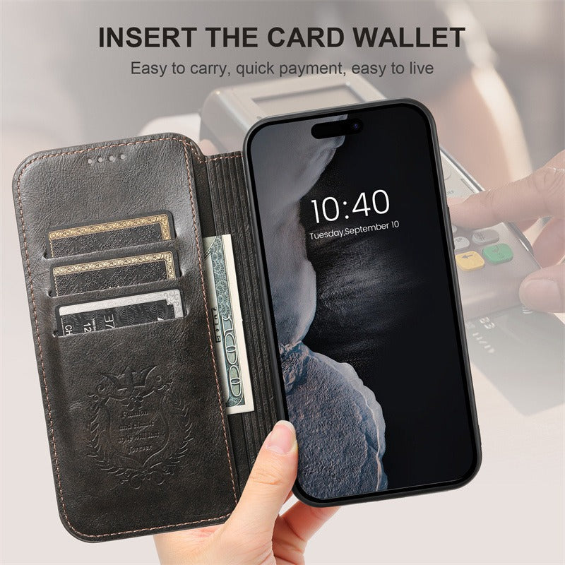 A hand holds the Dropshipman Phone Case with Card Holster near a payment terminal, displaying three cards and a folded bill; the smartphone inside shows 10:40 AM, Tuesday, September 10.
