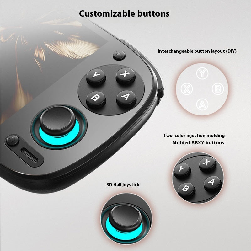 A close-up of the Dropshipman Retroid Pocket 5 Open Source RP5 Game Console highlights its interchangeable button layout, two-tone ABXY buttons, and a 3D Hall joystick, set against a light background for a nostalgic retro vibe.