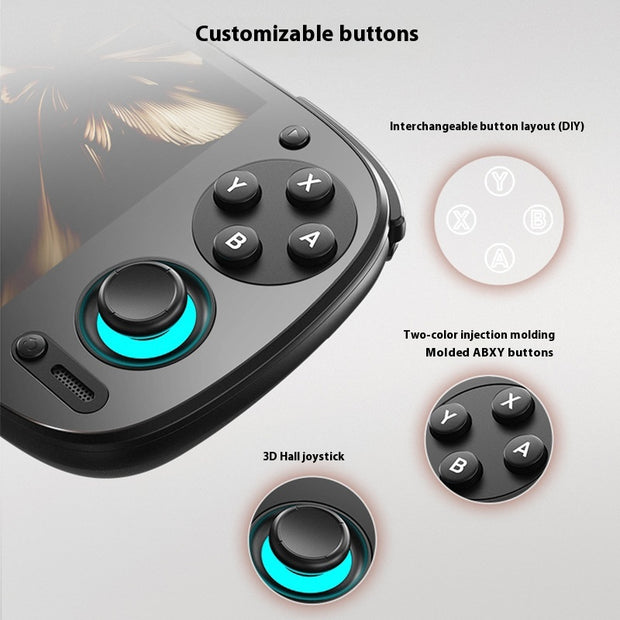 A close-up of the Dropshipman Retroid Pocket 5 Open Source RP5 Game Console highlights its interchangeable button layout, two-tone ABXY buttons, and a 3D Hall joystick, set against a light background for a nostalgic retro vibe.
