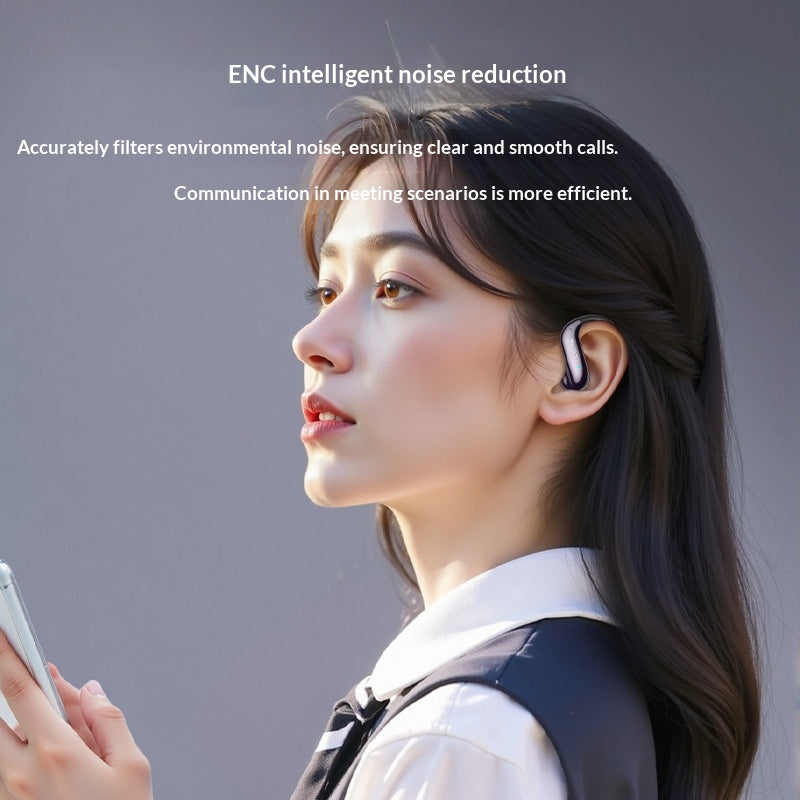 A woman with long dark hair wears Dropshipman Adaptive Memory Hook Bluetooth Earbuds and holds a smartphone. Text above highlights ENC intelligent noise reduction for clear calls and efficient communication. The background is neutral and blurred.