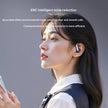A woman with long dark hair wears Dropshipman Adaptive Memory Hook Bluetooth Earbuds and holds a smartphone. Text above highlights ENC intelligent noise reduction for clear calls and efficient communication. The background is neutral and blurred.