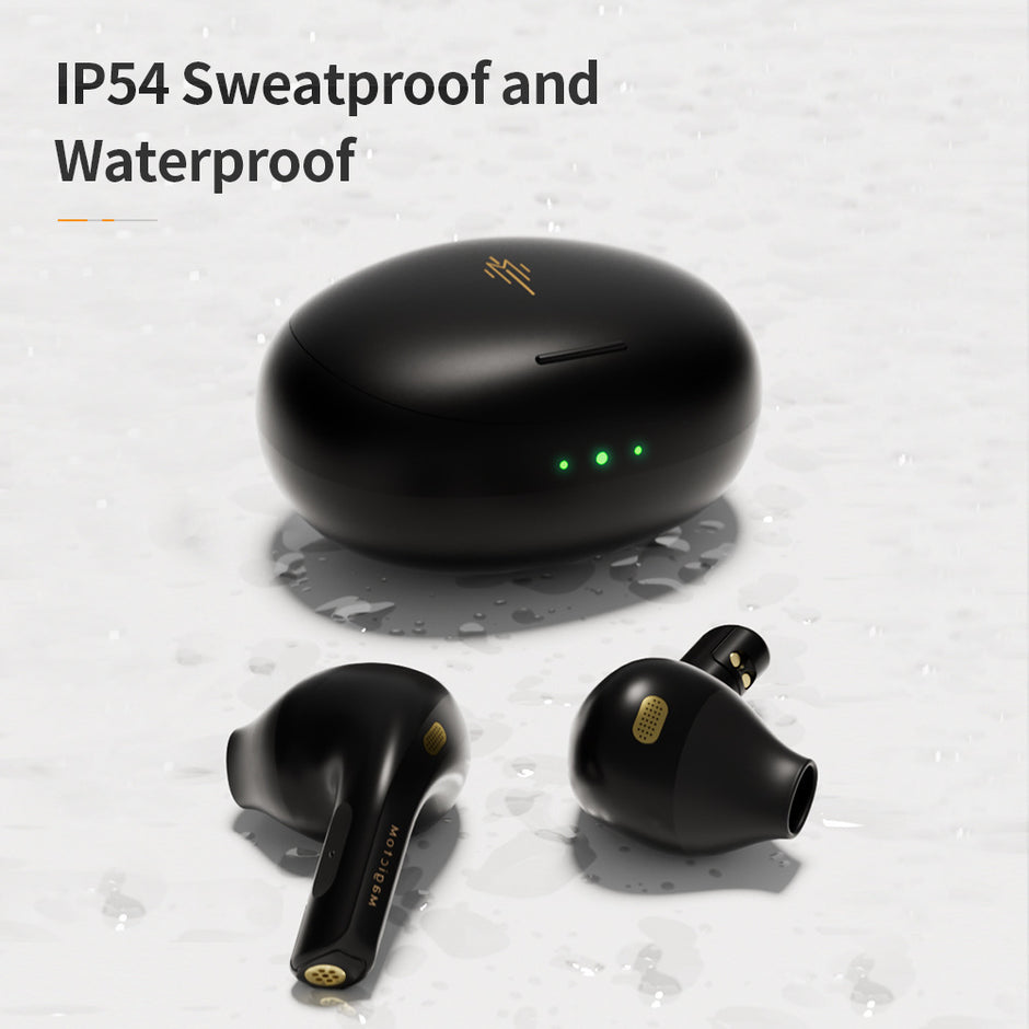 Dropshipman Matte Viper 5.2 Earbuds and their charging case, featuring green indicator lights, are displayed on a wet surface, highlighting their IP54 sweatproof and waterproof rating.
