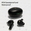 Dropshipman Matte Viper 5.2 Earbuds and their charging case, featuring green indicator lights, are displayed on a wet surface, highlighting their IP54 sweatproof and waterproof rating.