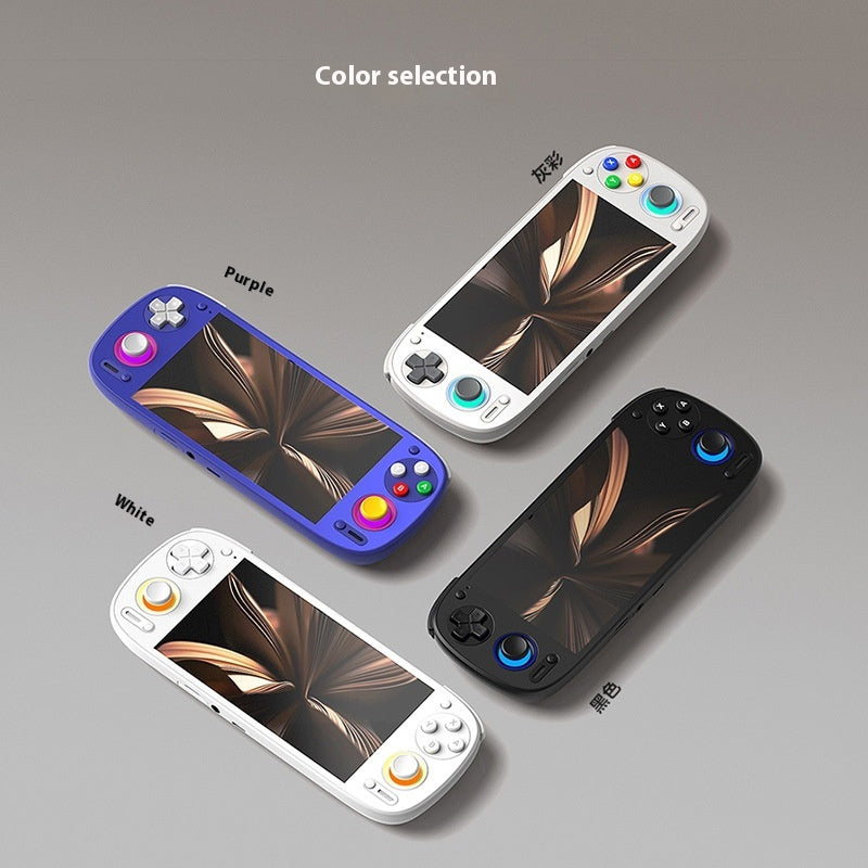 The Dropshipman Retroid Pocket 5 Open Source RP5 Game Console is shown in purple, white, and black on a gray surface with "Color selection" above. Each features colored buttons and joysticks for a nostalgic multiplayer gaming experience.