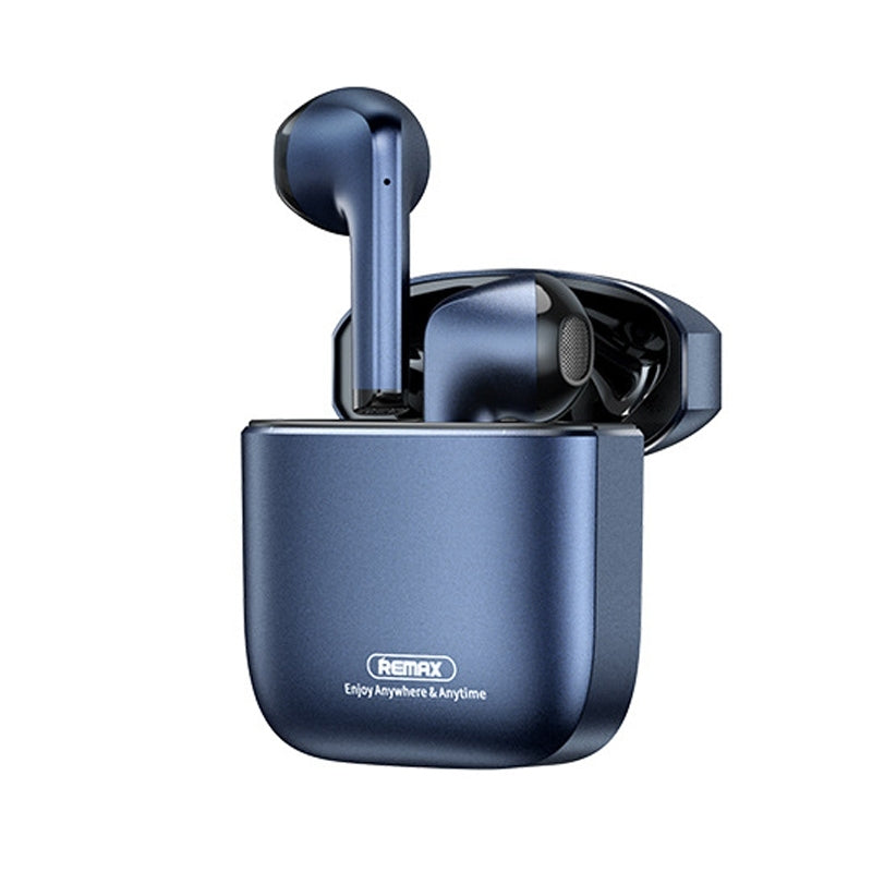 A pair of REMAX AlloyBuds 1 True Wireless Earbuds from Dropshipman are in an open metallic blue charging case, which displays the Remax logo and the words 