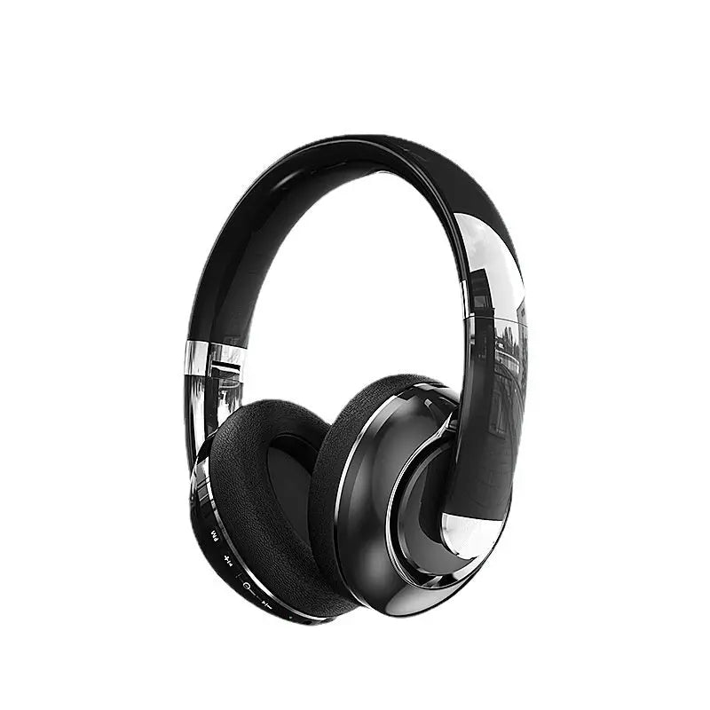 EchoBoom Headphones by Dropshipman—sleek black over-ear wireless Bluetooth 5.2 headphones with cushioned ear pads and a glossy finish, offering immersive sound, shown on a plain white background.