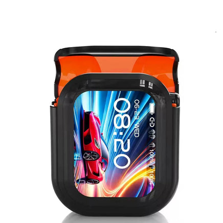 A black and orange rectangular case with a transparent lid showcases the Dropshipman True Wireless Bluetooth Earbuds with 4-Mic Noise Canceling by HeadphoneHeat, displayed on a vertical screen beside a digital clock and dynamic sports car graphics.