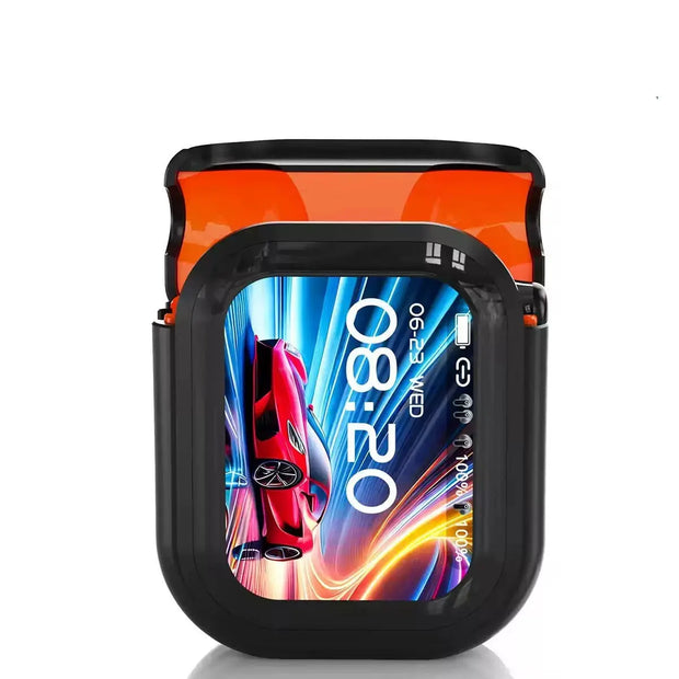 A black and orange rectangular case with a transparent lid showcases the Dropshipman True Wireless Bluetooth Earbuds with 4-Mic Noise Canceling by HeadphoneHeat, displayed on a vertical screen beside a digital clock and dynamic sports car graphics.