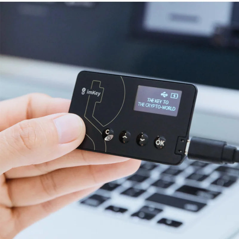 A person's hand is holding a compact, rectangular ImKey Pro Crypto Hardware Wallet with a screen displaying the text 