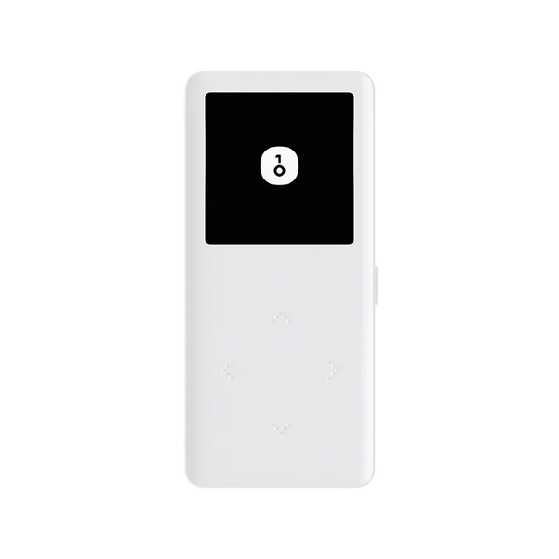 The OneKey Mini Offline Crypto Wallet by HeadphoneHeat is a sleek and slim handheld electronic device with a white body and a black screen displaying a lock icon. Below the screen, four small arrow symbols are arranged in a diamond shape, resembling navigation buttons. This HeadphoneHeat device supports USB Type-C connectivity for fast charging and data transfer.