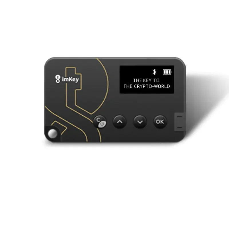 A black ImKey Pro Crypto Hardware Wallet by HeadphoneHeat, showcasing a small screen with the text 