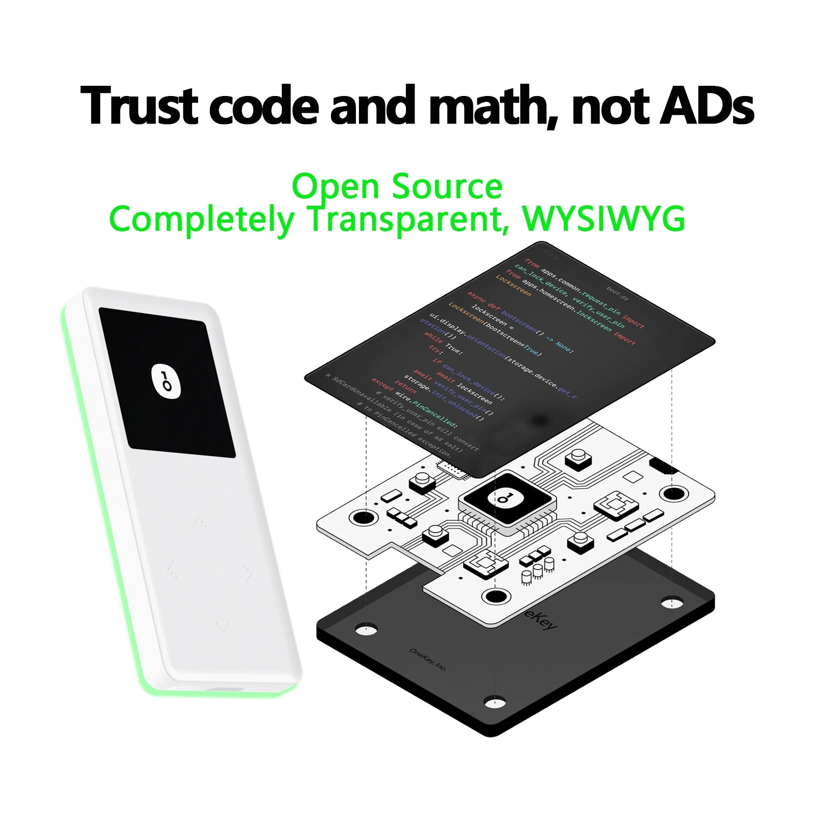 The OneKey Mini Offline Crypto Wallet by HeadphoneHeat features disassembled layers that include a circuit board, screen, and exterior casing. Above the product, the text reads 