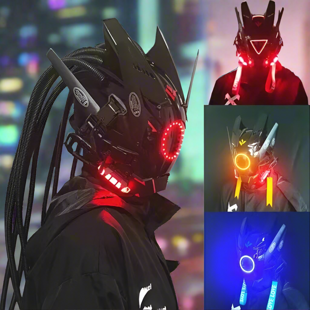 Four images feature a person wearing the LED Lights Cyberpunk Full Face Mask by HeadphoneHeat, resembling a futuristic helmet with neon red, yellow, and blue lights. Its sleek design includes tubes and antennas that enhance the vibrant glow against a blurred background.