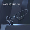 A pair of bone conduction wireless earbuds with active noise-cancellation and a flexible neckband is displayed against a dark, geometrically patterned background. The text 