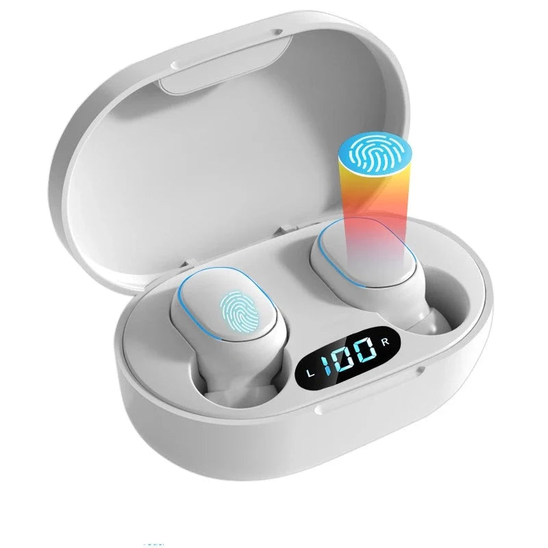 A pair of white wireless earbuds, labeled 