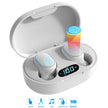 A pair of HeadphoneHeat E7s TWS Earbuds Bluetooth in an open charging case, which includes a digital display screen showing the battery level at 100%. The earbuds feature touch controls, Bluetooth technology, and active noise-cancellation. Icons below indicate touch controls, sports use, HiFi audio, waterproof rating, and stereo sound.