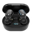 A pair of black E7s TWS Earbuds Bluetooth from HeadphoneHeat are placed in an open charging case. The Bluetooth technology-enabled case displays a digital readout showing 