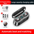 The Abay Bluetooth Earbuds F9 by HeadphoneHeat.Com come in black and feature Bluetooth 5.0 technology. These earbuds are housed in a charging case with an LED display reading 