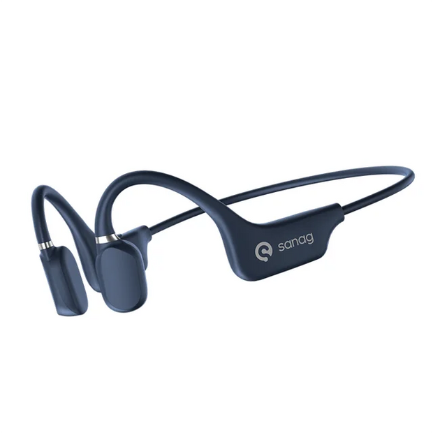 The A5s GAINBAND Bone Conduction Headphones from HeadphoneHeat.Com are black wireless earbuds with a flexible band and open-ear design, featuring the brand logo on the side.