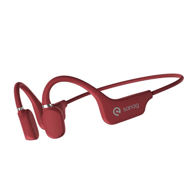 The A5s GAINBAND Headphones from HeadphoneHeat.Com are red wireless bone conduction headphones with an over-ear design and a slim, flexible band connecting both earpieces for added comfort and style.