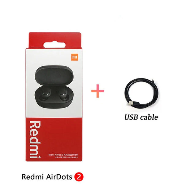 A box of Xiaomi Redmi Airdots S: Gaming Earbuds from HeadphoneHeat.Com sits next to a coiled USB charging cable, separated by a plus sign. "Xiaomi Redmi Airdots S" and "USB cable" are labeled below the items.