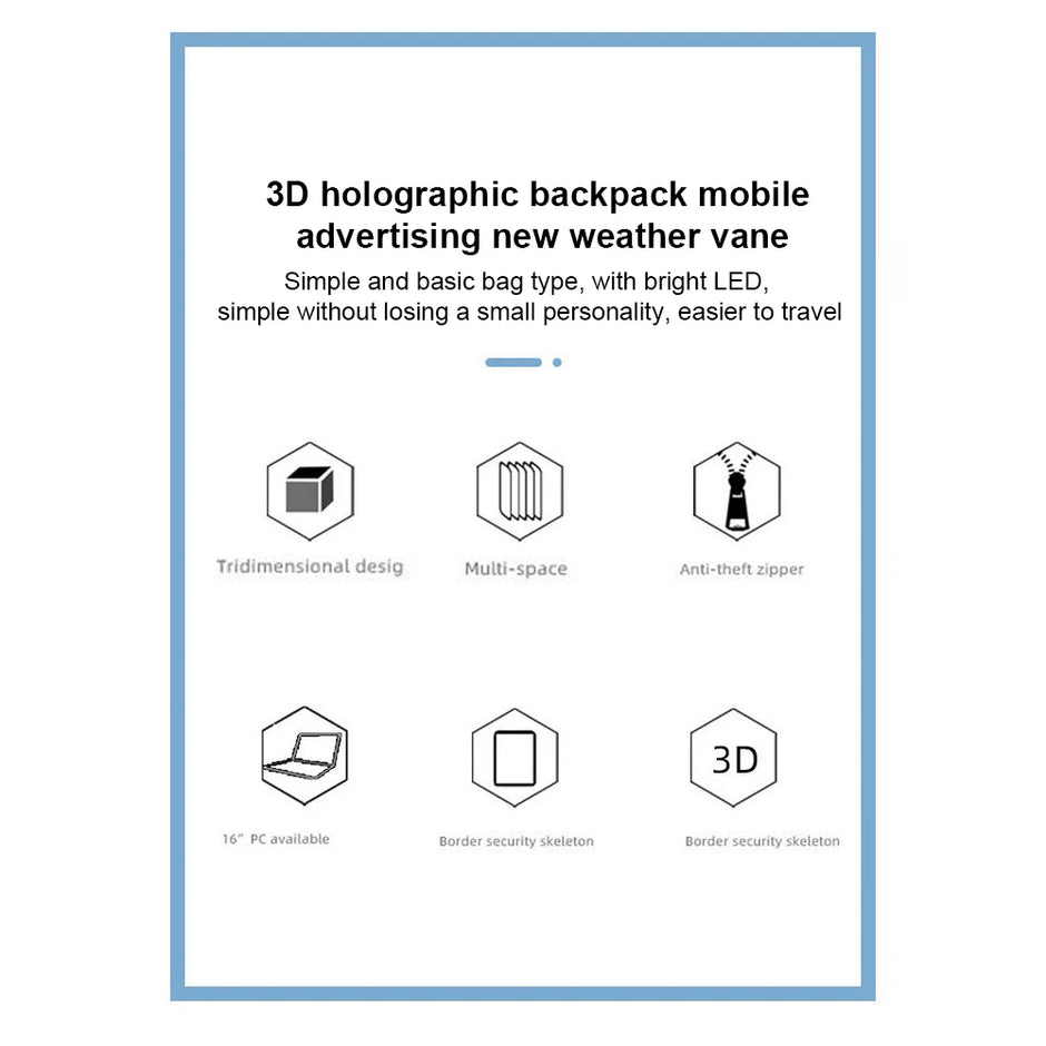 Promotional image for the BSIDE 3D Holographic Projector Backpack by HeadphoneHeat, featuring text stating various characteristics: "Simple and basic bag type, with bright LED, easy to travel." Six icons highlight: certified quality tridimensional design, multi-space, anti-theft zipper, 16-inch PC available, border security skeleton, and high-resolution display.
