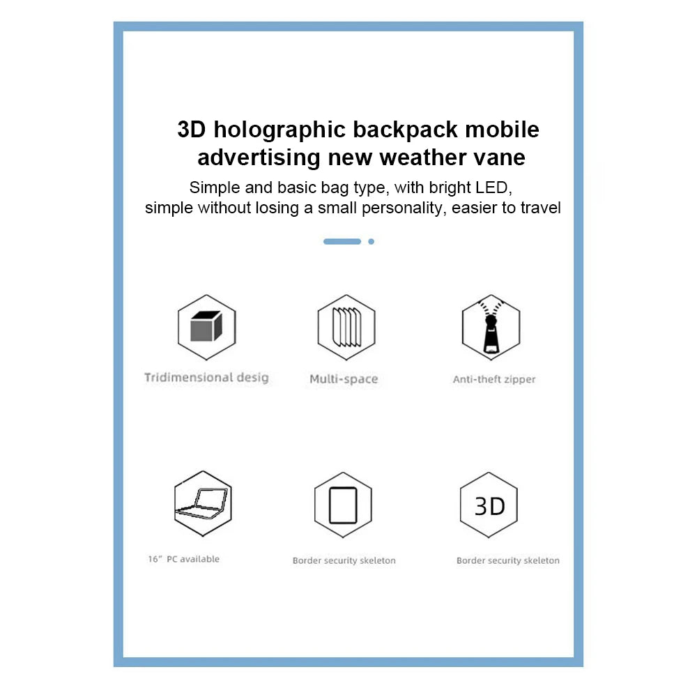 Promotional image for the BSIDE 3D Holographic Projector Backpack by HeadphoneHeat, featuring text stating various characteristics: 