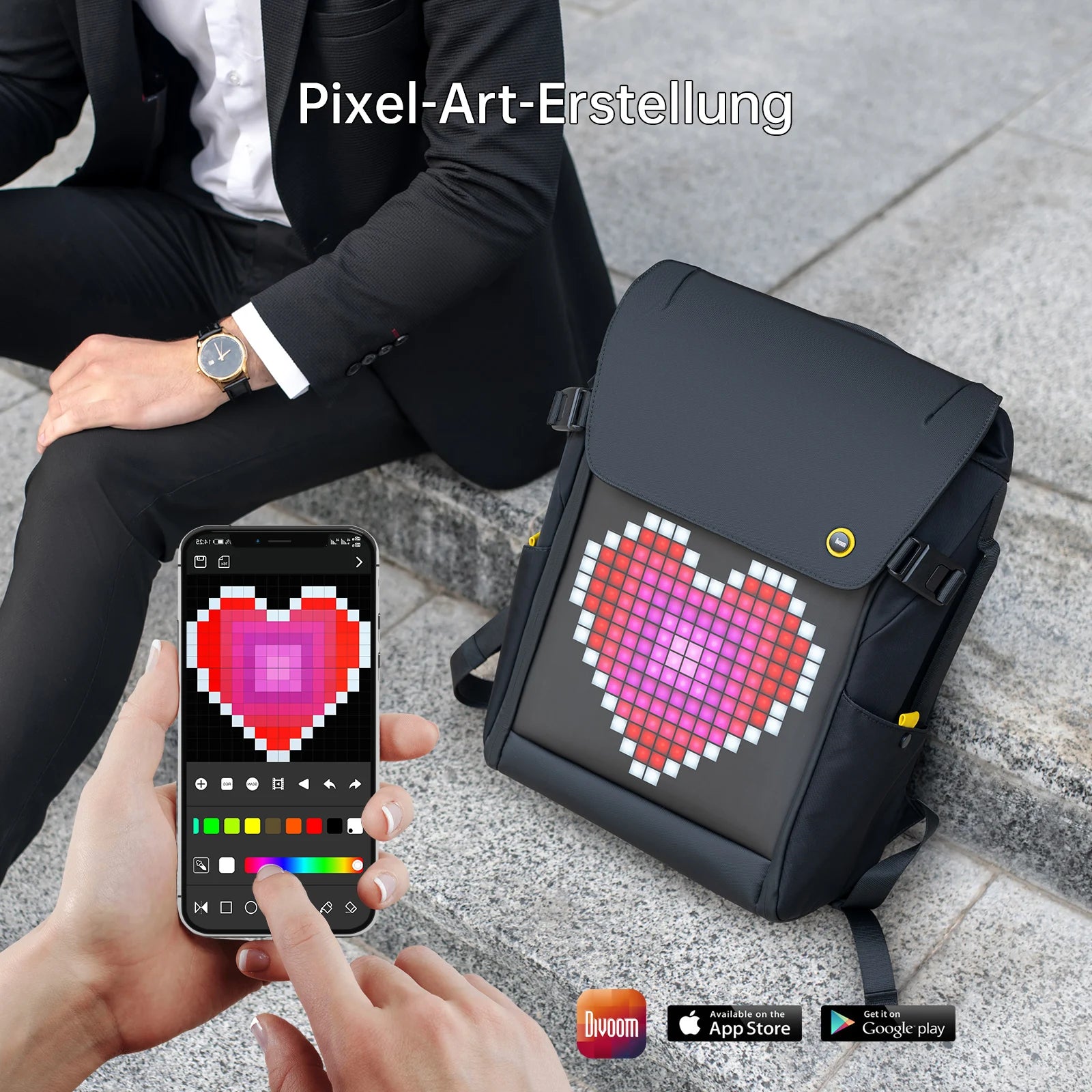 A person sits on steps, holding a smartphone with a pixel art creation app open. Beside them is the HeadphoneHeat DIVOOM Pixoo M Backpack Men 15 Inch Waterproof, showcasing a colorful pixel heart design on its 16 × 16 RGB LED screen. The text 