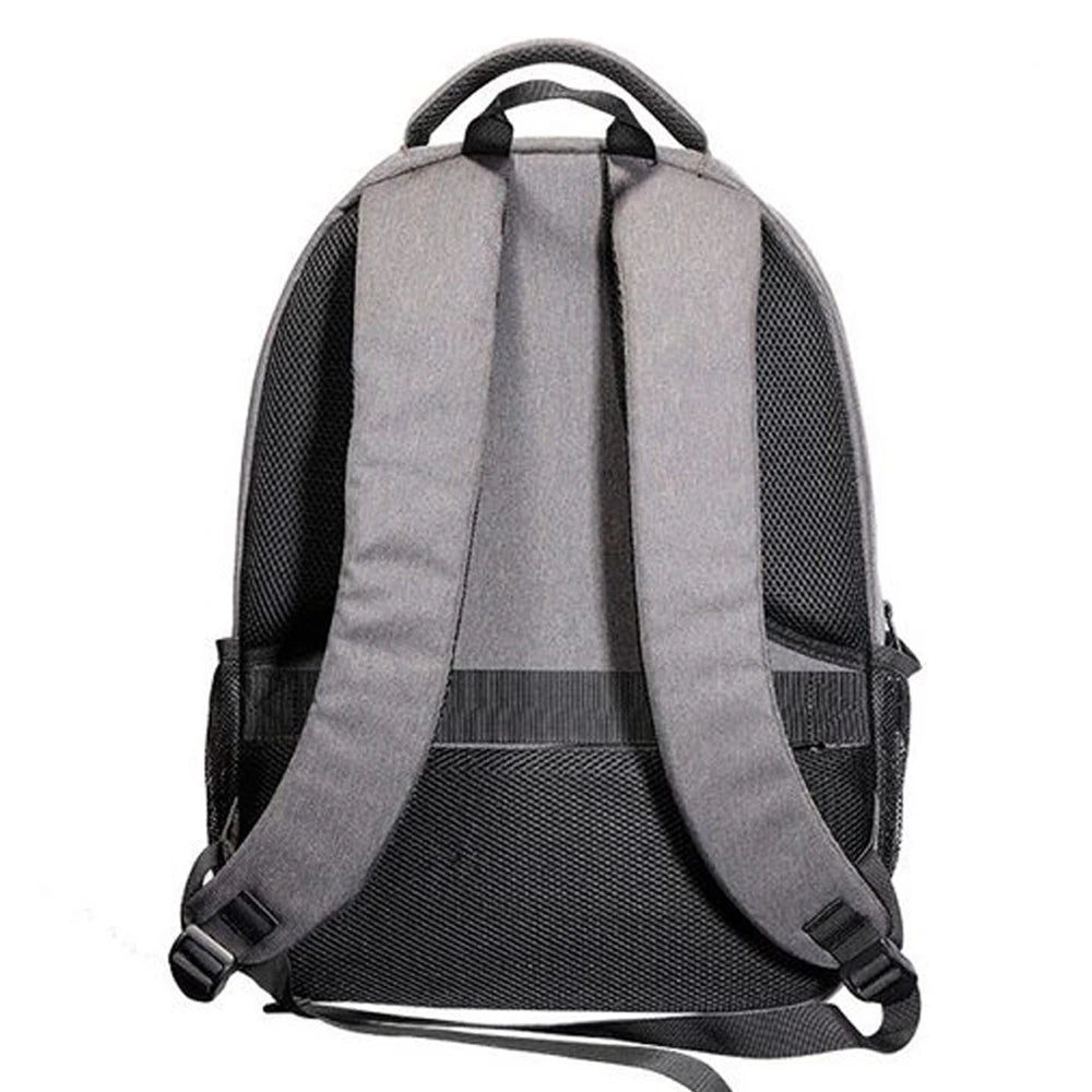 Back view of the BSIDE 3D Holographic Projector Backpack by HeadphoneHeat in gray with black accents, featuring adjustable padded shoulder straps, a top handle, and side mesh pockets. The thick padding on the straps ensures comfort, while its certified quality design maintains a simple and functional aesthetic.