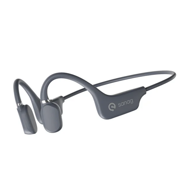 The A5s GAINBAND Headphones by HeadphoneHeat.Com are dark gray bone conduction wireless earbuds with a flexible band, offering comfortable listening as an innovative alternative to traditional headphones.
