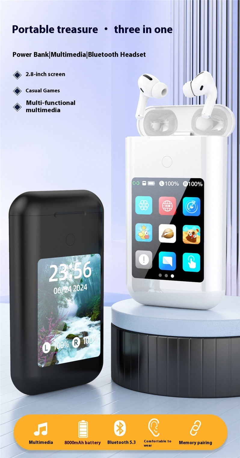 The Dropshipman SmartTunes multi-tool Power Bank with Earbuds comes in black and white, features a screen displaying app icons and time, offers immersive audio via Bluetooth earbuds stored on top, and packs an 8000mAh battery.