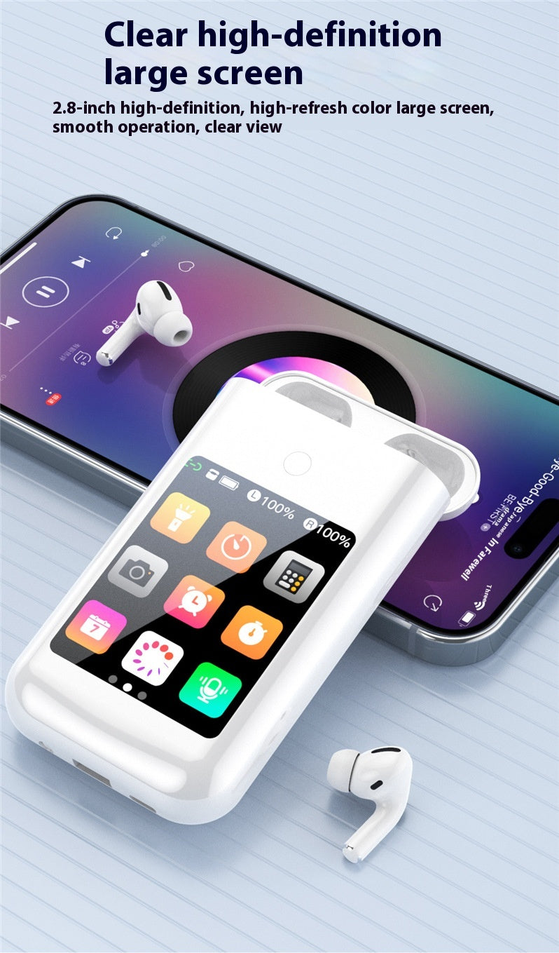 Dropshipman’s SmartTunes multi-tool Power Bank with Earbuds features a 2.8-inch color touchscreen displaying app icons, set beside a smartphone with a music player. Two wireless in-ear earbuds rest nearby on a light blue surface, highlighting the clear HD screen.