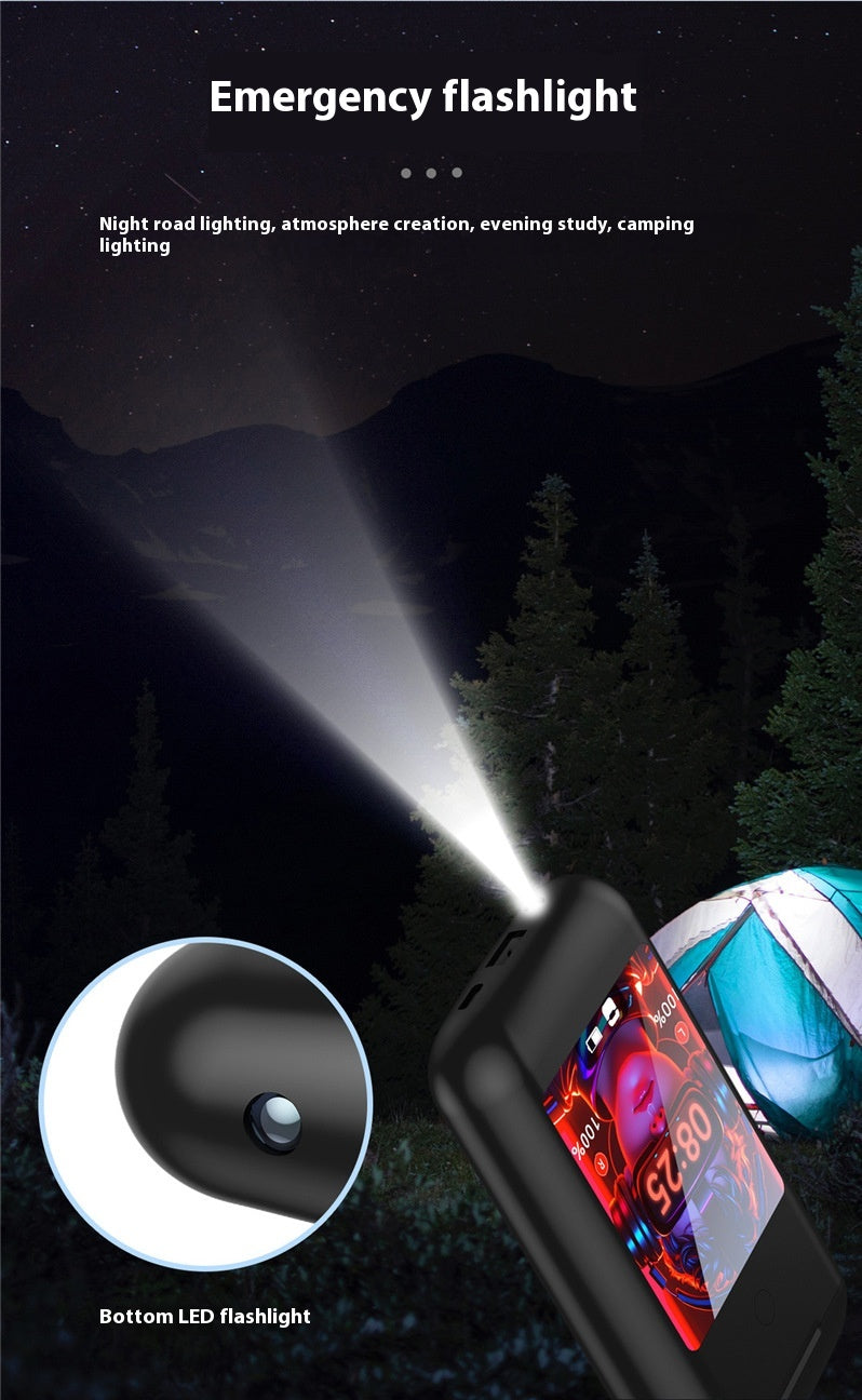 The Dropshipman SmartTunes multi-tool Power Bank with Earbuds provides emergency LED lighting, shown shining brightly at night near a tent, with a closeup of its flashlight and compact design perfect for camping.