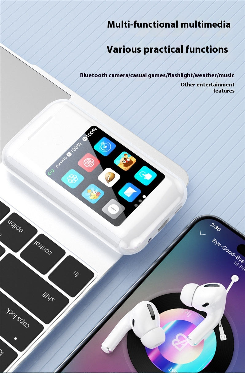 The Dropshipman SmartTunes multi-tool Power Bank with Earbuds, a compact white device with a touchscreen showing app icons, sits on a laptop keyboard near a smartphone and wireless buds, showcasing immersive audio and versatile multimedia features.