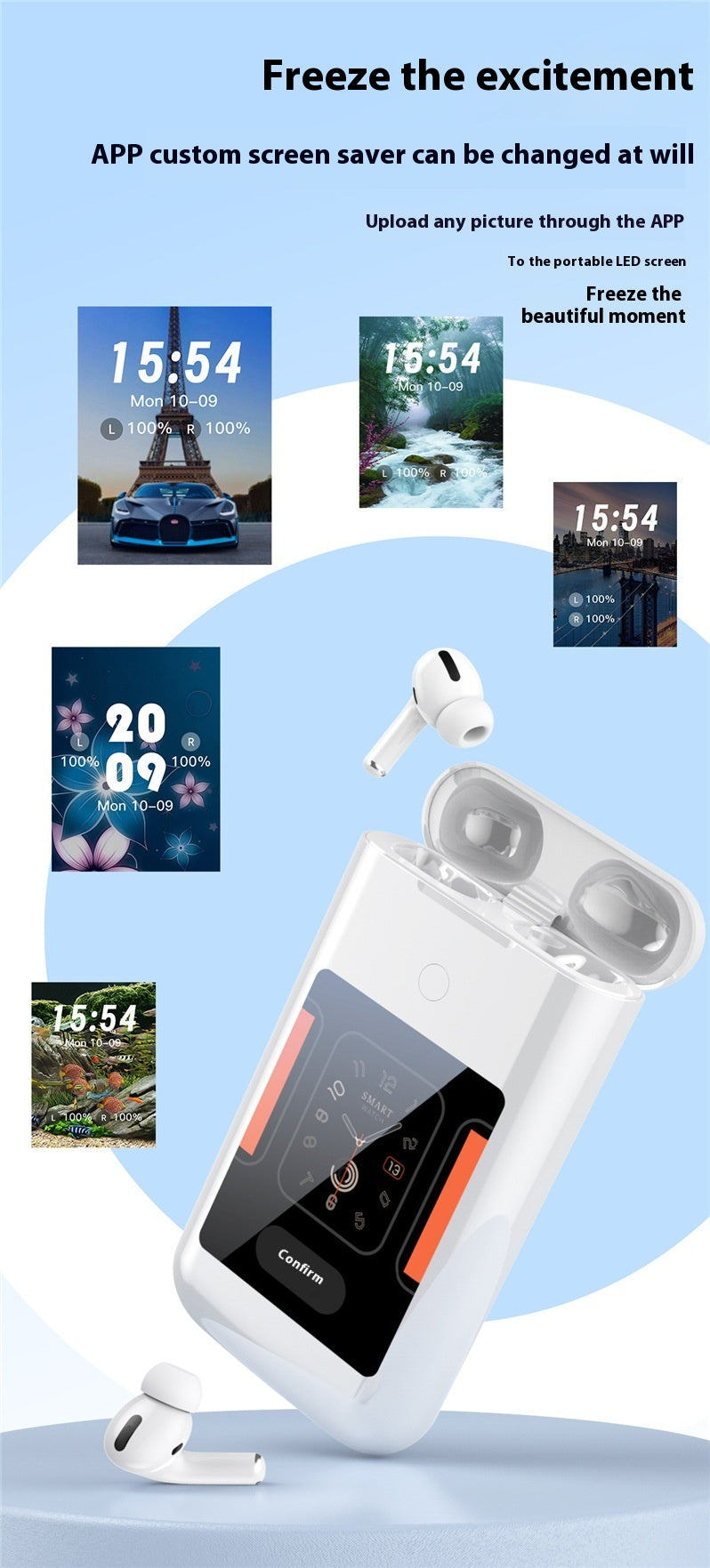 The Dropshipman SmartTunes multi-tool Power Bank with Earbuds features white wireless in-ear headphones, a charging case with an LED display for time, date, battery status, and app-based customization with nature or car backgrounds.