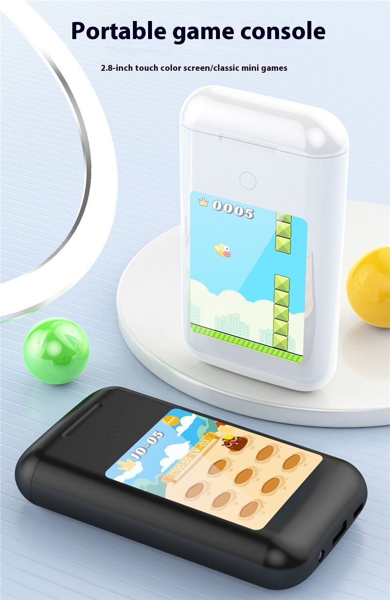 Two SmartTunes multi-tool Power Banks with Earbuds by Dropshipman, in black and white, are shown. Each has a 2.8-inch touch color screen with mini games. A yellow and a green ball are behind them. Text above promotes immersive audio for enhanced use.