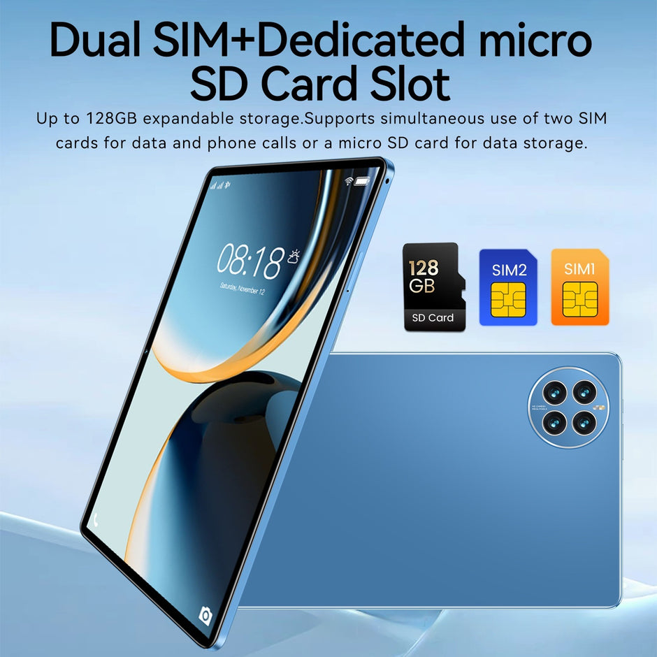 The Dropshipman Home Tablet and Gaming Computer, shown in blue with a 10.1-inch display, highlights dual SIM (SIM1 & SIM2) support and a dedicated 128GB microSD slot via icons. Text explains storage and SIM card features.