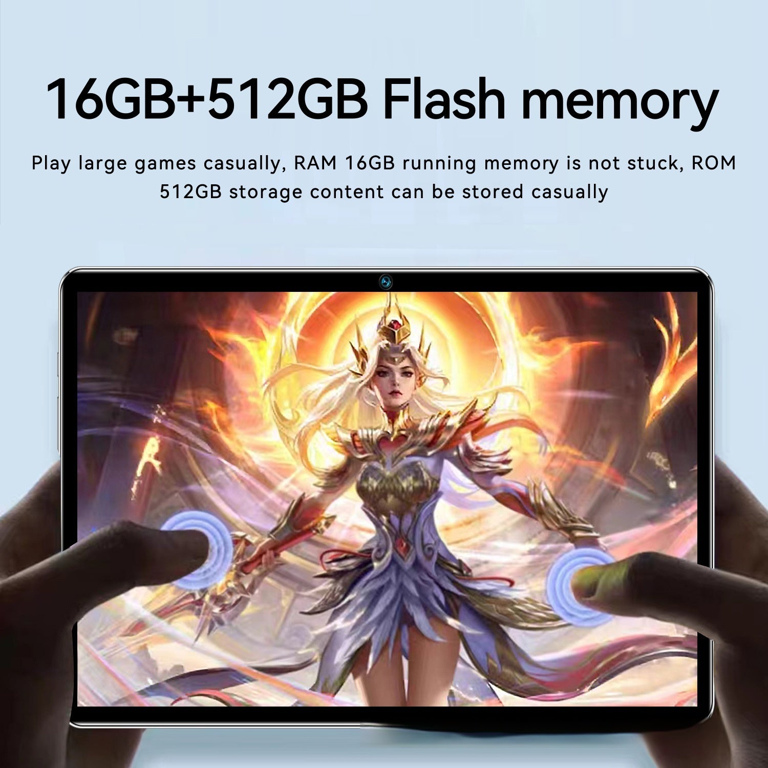 A person holds a Dropshipman Home Tablet and Gaming Computer (10.1 inch) showing a fantasy game with a female warrior. Text above reads 