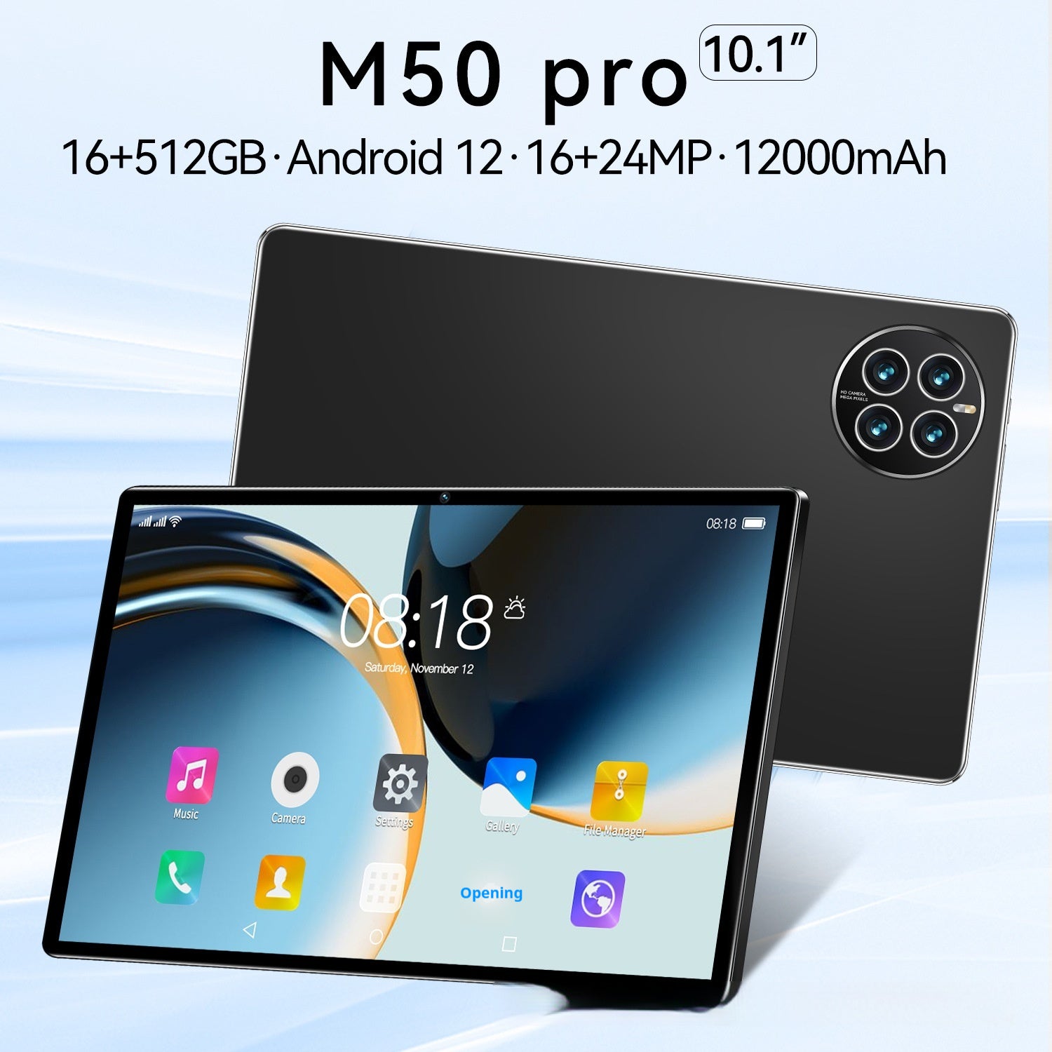 Front and back view of the Dropshipman Home Tablet and Gaming Computer in black, showing apps on its 10.1