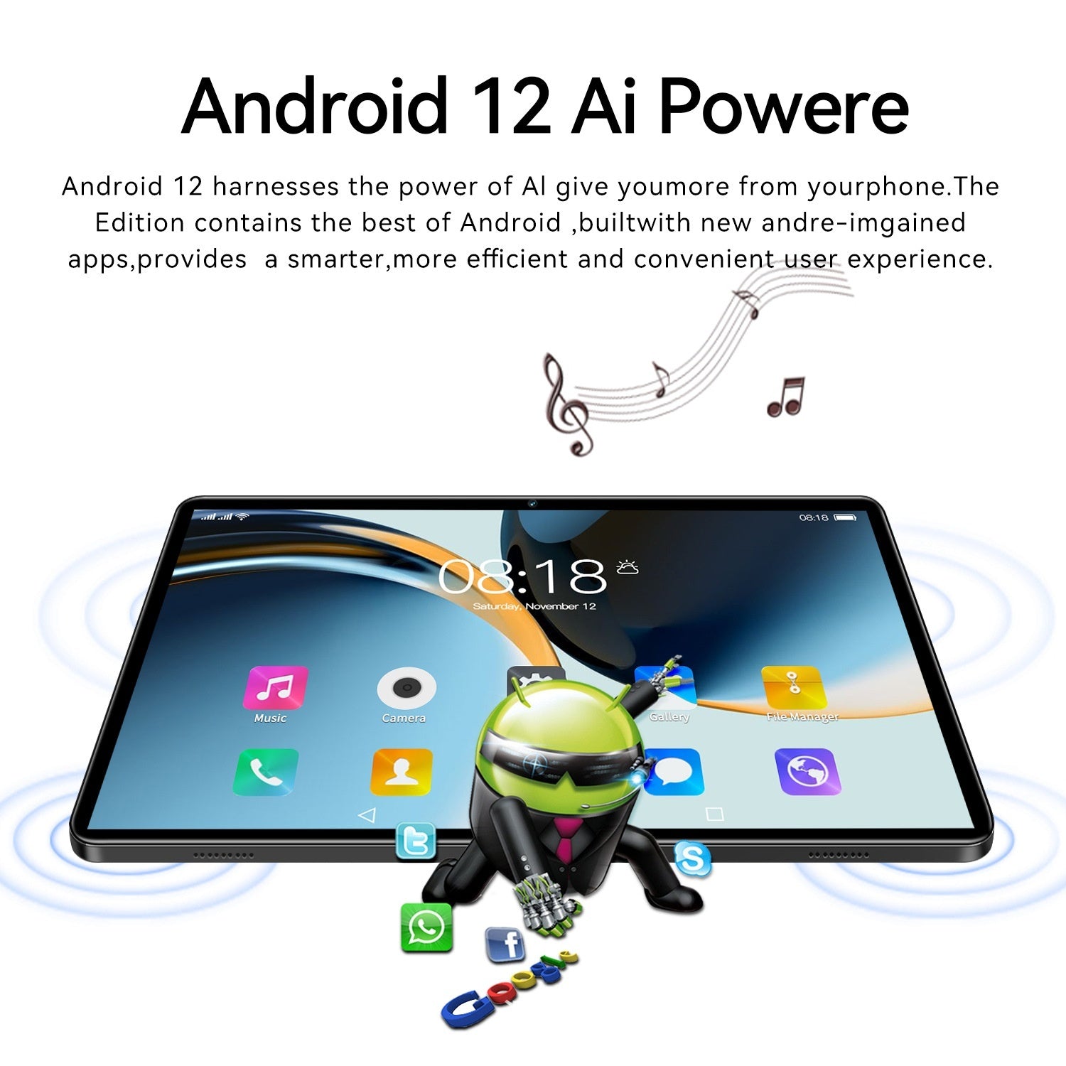 The 10.1-inch Dropshipman Home Tablet and Gaming Computer displays app icons with a 3D Android mascot in front, surrounded by social media icons, while text above highlights Android 12 AI features for a better user experience. Music notes float nearby.