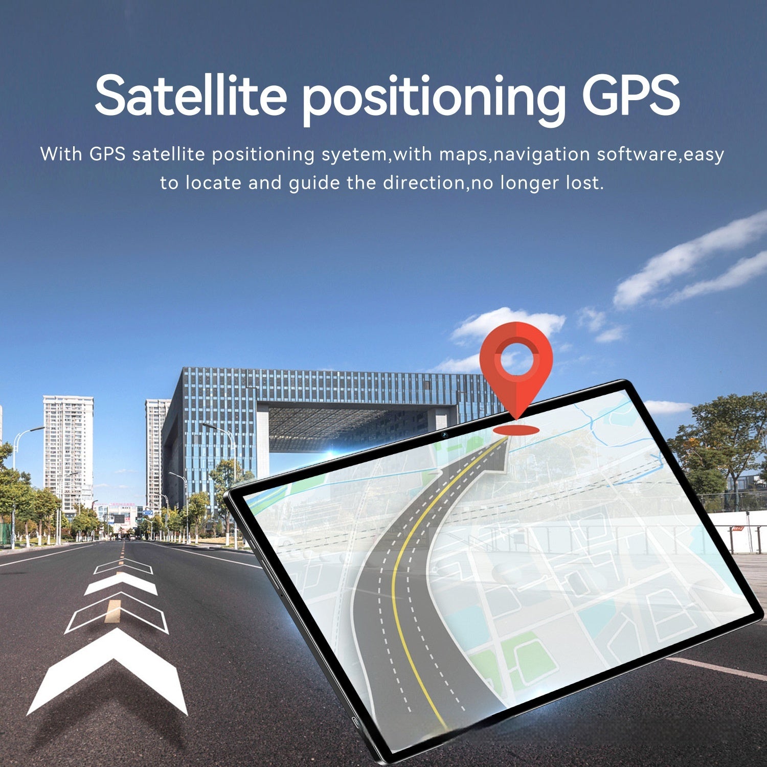 A city street with a digital map and red pin overlay. Text highlights 