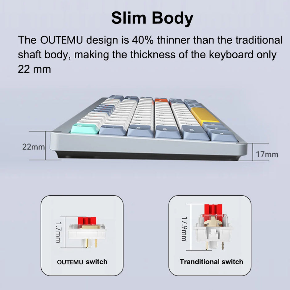 This image showcases the Wireless Mechanical Keyboard by HeadphoneHeat, featuring a sleek design with colorful keycaps and Bluetooth Wireless technology. It incorporates innovative OUTEMU Switches and is designed to be 40% thinner than traditional keyboards, measuring just 22 mm thick. Below are diagrams comparing the OUTEMU switch with a traditional switch.