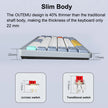 This image showcases the Wireless Mechanical Keyboard by HeadphoneHeat, featuring a sleek design with colorful keycaps and Bluetooth Wireless technology. It incorporates innovative OUTEMU Switches and is designed to be 40% thinner than traditional keyboards, measuring just 22 mm thick. Below are diagrams comparing the OUTEMU switch with a traditional switch.