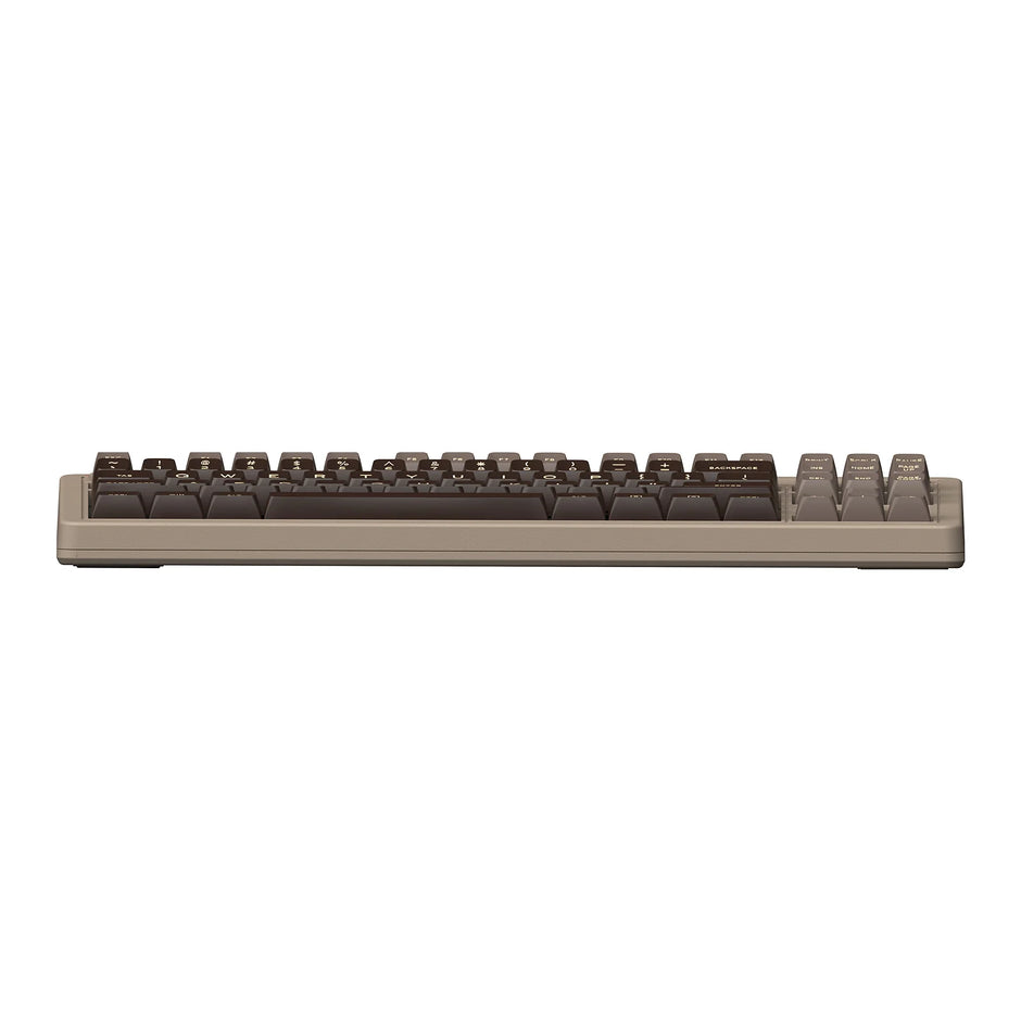 Side view of the 8BitDo Retro Mechanical Keyboard by HeadphoneHeat, featuring dark brown and black keycaps on a beige base, highlighting its compact and low-profile design.
