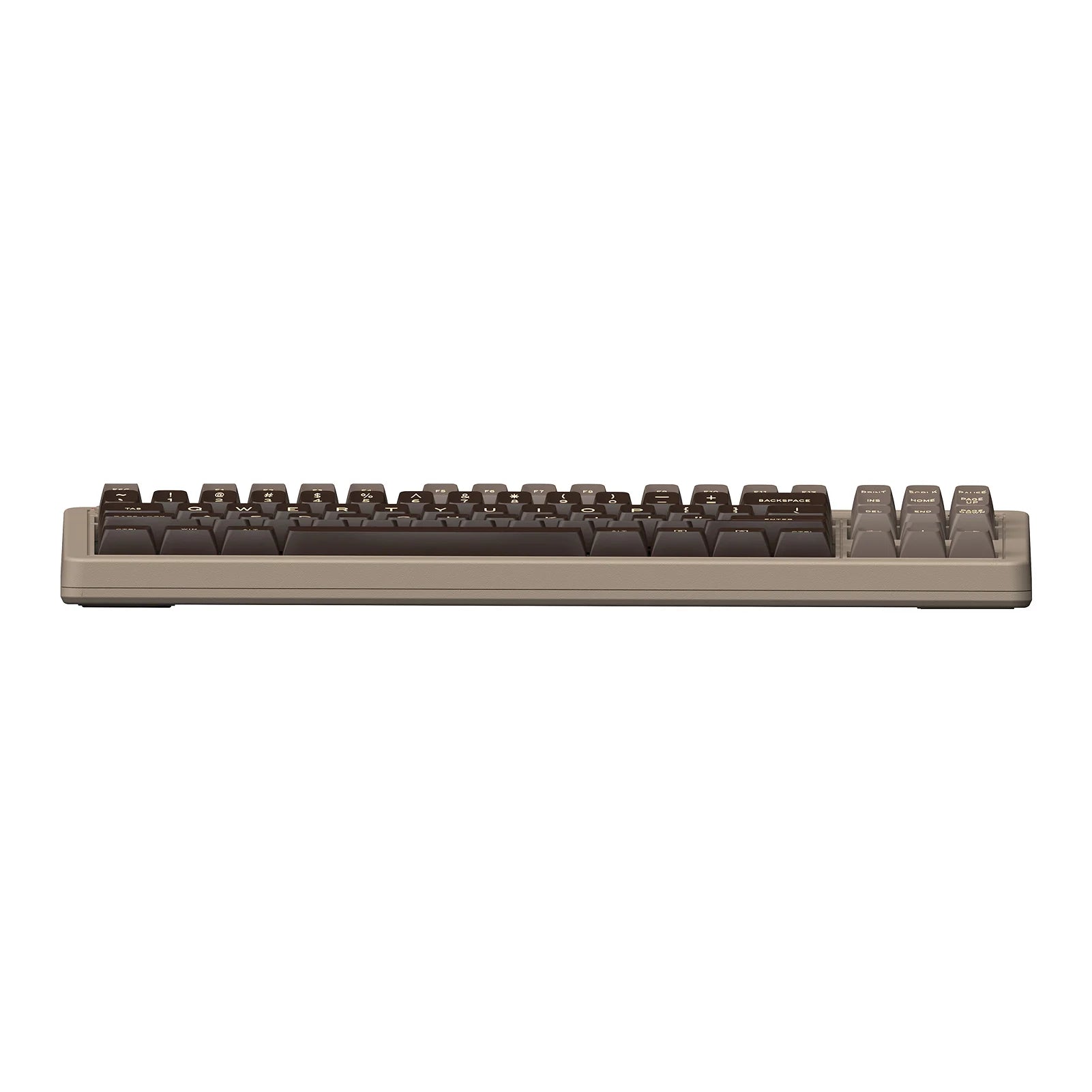 Side view of the 8BitDo Retro Mechanical Keyboard by HeadphoneHeat, featuring dark brown and black keycaps on a beige base, highlighting its compact and low-profile design.