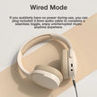 The GENAI P2961 Wireless Headphones by HeadphoneHeat, featuring Bluetooth 5.3 Hi-Res Audio, are displayed in beige with a 3.5mm audio cable attached against a two-tone beige and cream backdrop. The accompanying text emphasizes the benefits of 