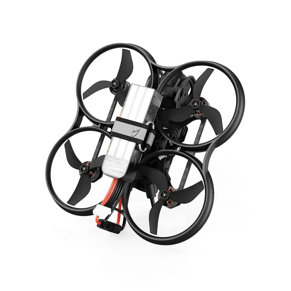 The HeadphoneHeat BETAFPV Pavo20 Pro II Brushless Whoop Quadcopter for DJI O4/O4 Pro is a small black drone with four propellers, circular guards, and a top-mounted battery, shown isolated on a white background.