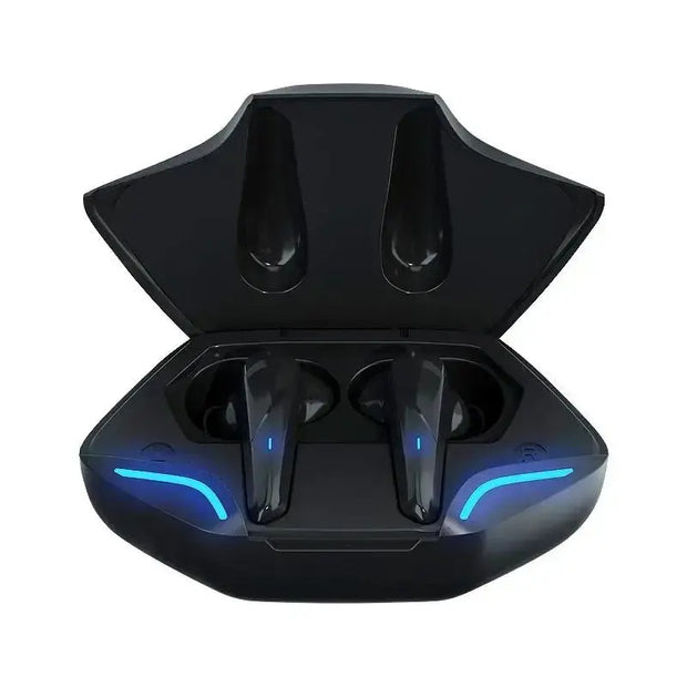 The HeadphoneHeat TDAEG X15Pro TWS Bluetooth Earbuds come in a sleek black, angular charging case with blue LED lights and an open lid, delivering immersive high-quality audio.